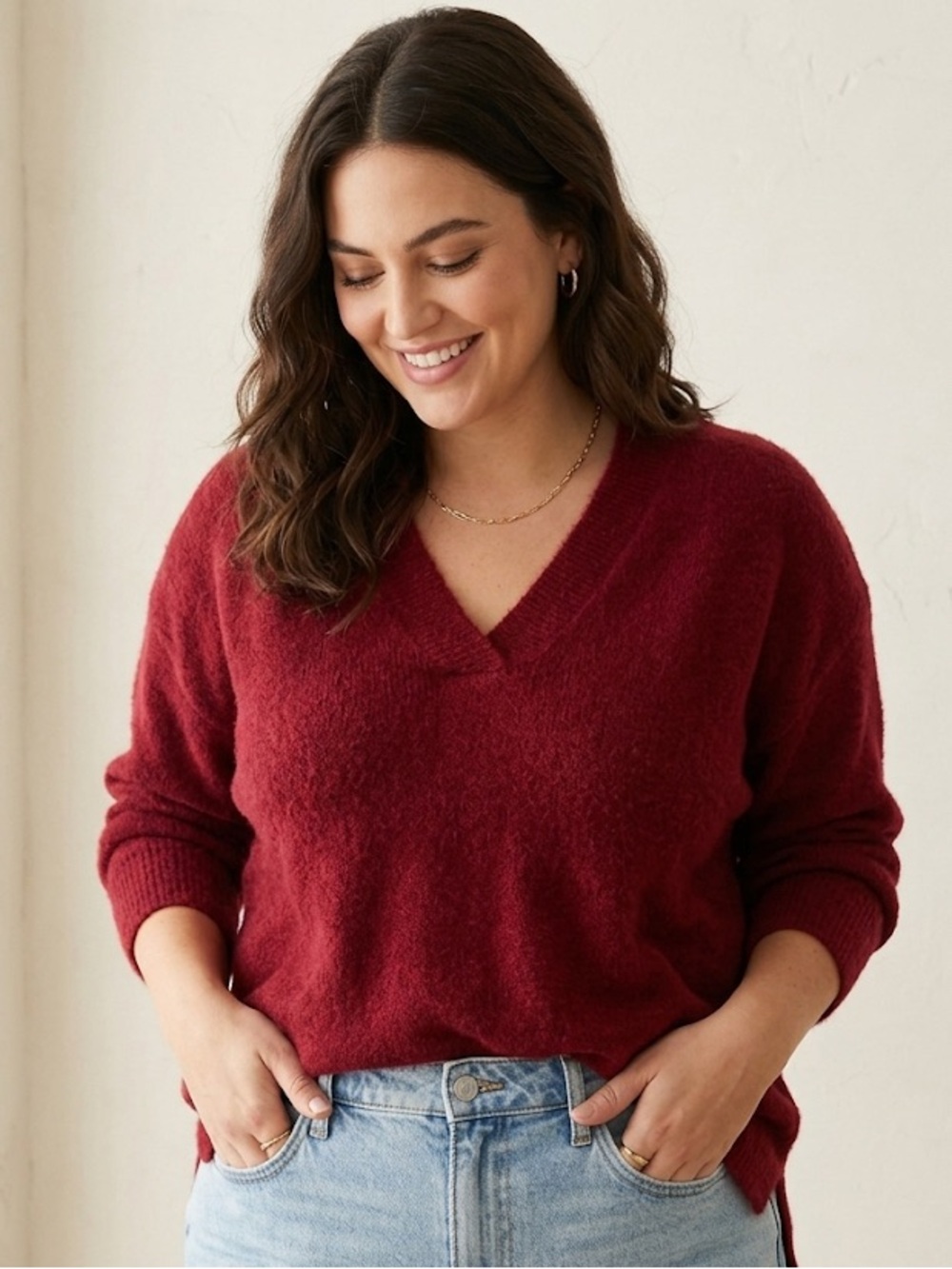 Ava & Viv Burgundy Eyelash Plush V-Neck Sweater 4X